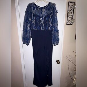 💙 Elegant Navy Embroidered Maxi Dress | Long Sheer Sleeves | Formal Evening 💙
